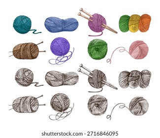 Esboço desenhado à mão de bola de fios, lã, agulhas de tricô. Artesanato, tricô conceito de equipamentos no estilo vintage doodle. Estilo de gravação.