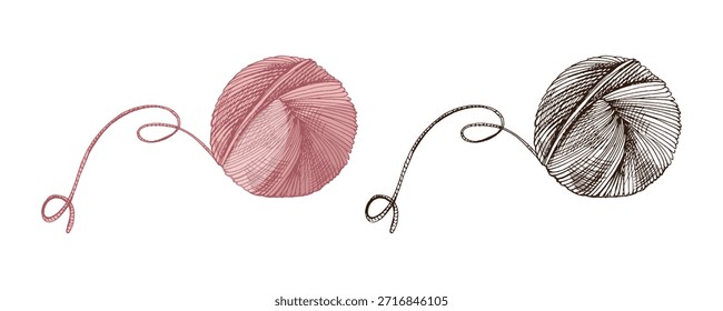 Hand drawn sketch of ball of threads. Handmade, knitting equipment concept in vintage doodle style. Engraving style.