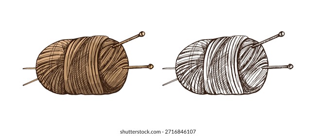 Esboço desenhado à mão de bola de fios, lã, agulhas de tricô. Artesanato, tricô conceito de equipamentos no estilo vintage doodle. Estilo de gravação.