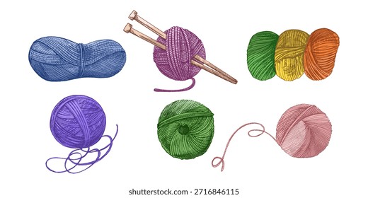 Esboço desenhado à mão de bola de fios, lã, agulhas de tricô. Artesanato, tricô conceito de equipamentos no estilo vintage doodle. Estilo de gravação.