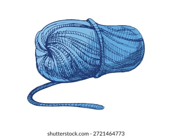 Hand drawn sketch of ball of threads. Handmade, knitting equipment concept in vintage doodle style. Engraving style.