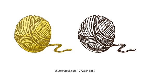 Hand drawn sketch of ball of threads. Handmade, knitting equipment concept in vintage doodle style. Engraving style.