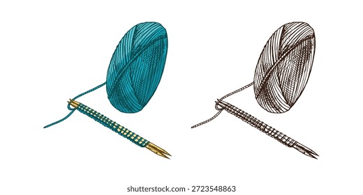 Esboço desenhado à mão de bola de fios, lã, agulhas de tricô. Artesanato, tricô conceito de equipamentos no estilo vintage doodle. Estilo de gravação.