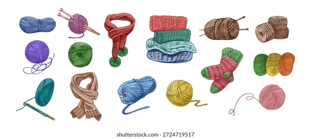 Esboço desenhado à mão de bola de fios, lã, agulhas de tricô. Artesanato, tricô conceito de equipamentos no estilo vintage doodle. Estilo de gravação.