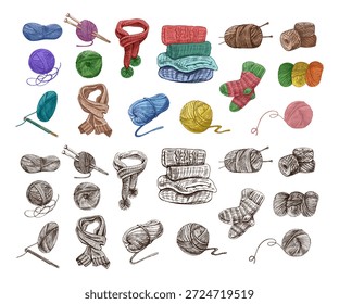 Esboço desenhado à mão de bola de fios, lã, agulhas de tricô. Artesanato, tricô conceito de equipamentos no estilo vintage doodle. Estilo de gravação.