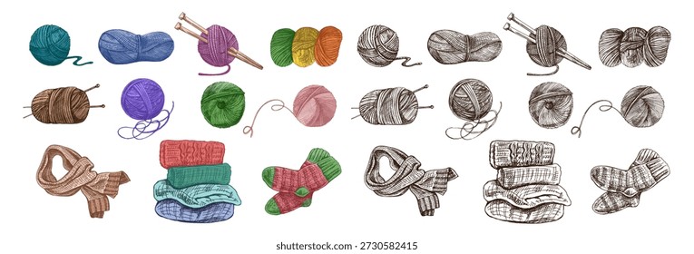 Esboço desenhado à mão de bola de fios, lã, agulhas de tricô. Artesanato, tricô conceito de equipamentos no estilo vintage doodle. Estilo de gravação.