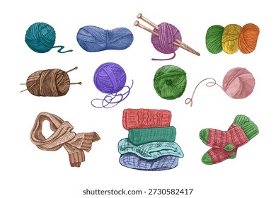 Esboço desenhado à mão de bola de fios, lã, agulhas de tricô. Artesanato, tricô conceito de equipamentos no estilo vintage doodle. Estilo de gravação.