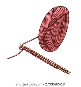 Esboço desenhado à mão de bola de fios, lã, agulhas de tricô. Artesanato, tricô conceito de equipamentos no estilo vintage doodle. Estilo de gravação.