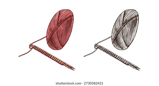 Esboço desenhado à mão de bola de fios, lã, agulhas de tricô. Artesanato, tricô conceito de equipamentos no estilo vintage doodle. Estilo de gravação.