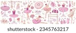 Hand drawn sketch ballet set. Vector illustration of ballerina and ballet studio elements isolated on background