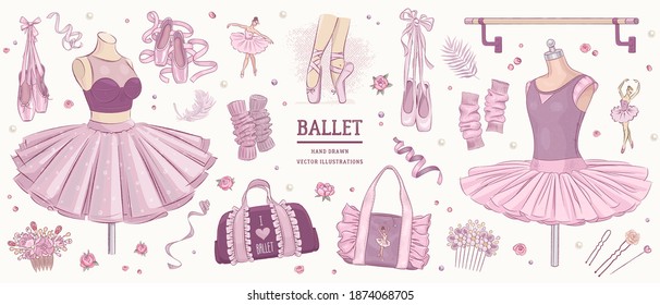 Hand drawn sketch ballet set. Vector illustration