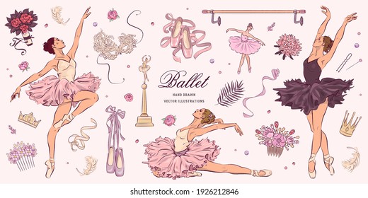 Hand drawn sketch ballet set. Vector illustration of ballerina, ballet shoes and dress
