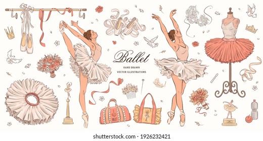 Hand drawn sketch ballet set. Vector illustration of ballerina, ballet shoes and dress