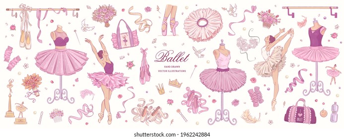 Hand drawn sketch ballet set. Vector illustration