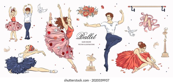 Hand drawn sketch ballet set. Vector illustration of ballet dancers