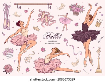 Hand drawn sketch ballet set. Vector illustration of ballet dancers