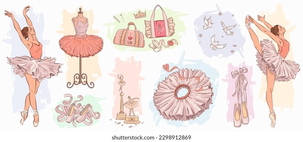 Hand drawn sketch ballet set. Vector illustration of ballerina, pointe, tutu and ballet studio elements isolated on background