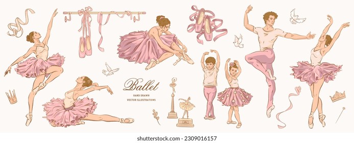 Hand drawn sketch ballet set. Vector illustration