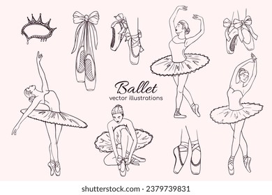 Ballet dibujado a mano. Formas de bailarina, zapato de punta y vestido. Esbozo de pincel lineal con siluetas de sombra. Plantillas de dibujo de contorno Pastel.