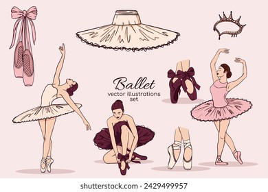 Hand drawn sketch ballet set. Cute ballet vector watercolor set. Vector illustration of ballerina, ballet shoes and dress