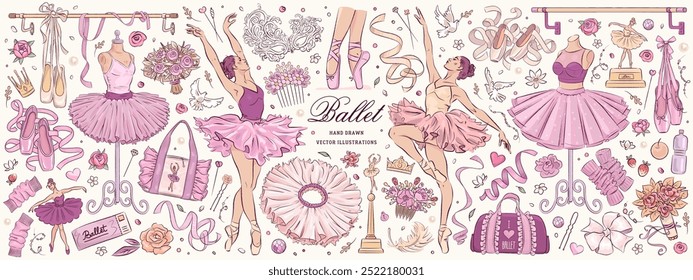 Conjunto de ballet de boceto dibujado a mano. Ilustración vectorial de Elementos de estudio de bailarina y ballet aislados sobre fondo