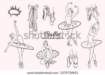 Hand drawn sketch ballet set. Shapes of ballerina, pointe shoe and dress. Linear brush sketch with shadow silhouettes. Pastel contour drawing templates.