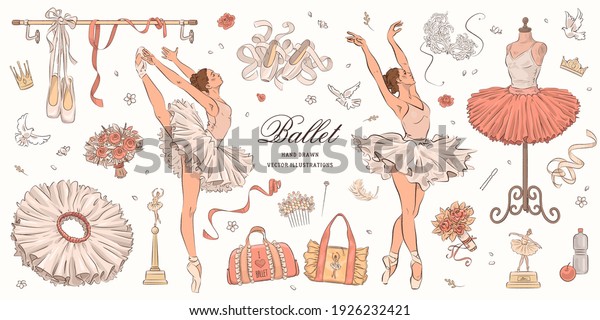 Hand drawn sketch ballet set. Vector\
illustration of ballerina, ballet shoes and\
dress