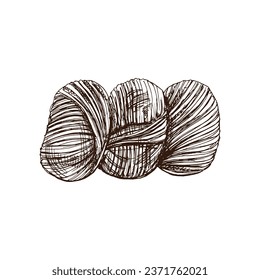 Hand drawn sketch of balls of threads. Handmade, knitting equipment concept in vintage doodle style. Engraving style.