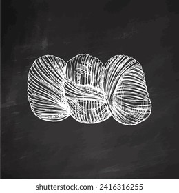 Hand drawn sketch of balls of threads on chalkboard background. Handmade, knitting equipment concept in vintage doodle style. Engraving style.	