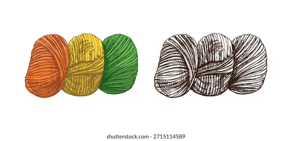 Handgezeichnete Skizze von Gewindebällen. Handgefertigtes Strickgerätekonzept im Vintage-Doodle-Stil. Gravierstil.