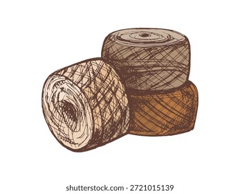 Hand drawn sketch of balls of threads. Handmade, knitting equipment concept in vintage doodle style. Engraving style.