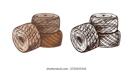 Dibujado a mano boceto de bolas de hilos. Hecho a mano, concepto de equipo de tejer en estilo vintage doodle. Estilo de grabado.
