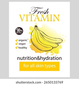 Hand drawn sketch banana vector illustration  on watercolor spot. Template for healthy eco nature organic products and cosmetics.