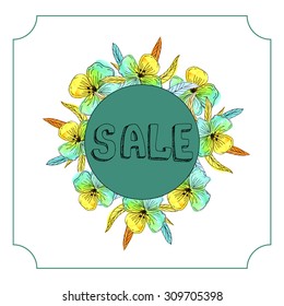 Hand drawn sketch banner banner template with sign SALE on watercolor background with flowers. Vector illustration. Ideal template for shops and shopping centers. 
