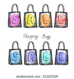 Hand drawn sketch banner template with sing SALE and shopping bags on watercolor background. Vector illustration. Ideal template for shops and shopping centers. 