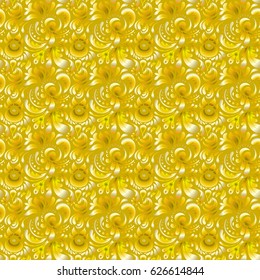 Hand drawn sketch. Baroque damask vintage brown and yellow vector seamless pattern background. Damask pattern in baroque style. Wallpaper with antique floral medieval baroque abstract doodle ornament.