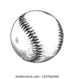 Hand Drawn Sketch Of Baseball Ball In Black Isolated On White Background. Detailed Vintage Style Drawing. Vector Illustration