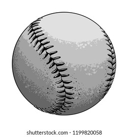 Hand drawn sketch baseball ball in black and white color, isolated on white background. Detailed drawing in the style of vintage. Vector illustration