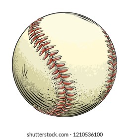 Hand drawn sketch baseball ball in color, isolated on white background. Detailed drawing in the style of vintage. Vector illustration