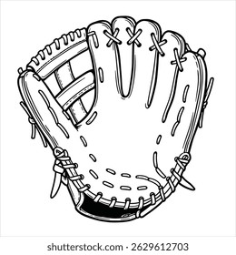 Hand drawn sketch of baseball glove in black isolated on white background