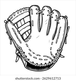 Hand drawn sketch of baseball glove in black isolated on white background