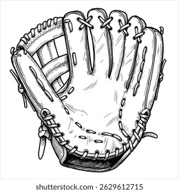 Hand drawn sketch of baseball glove in black isolated on white background