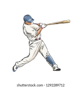 Hand Drawn Sketch Of Baseball Player In Color Isolated On White Background. Detailed Vintage Style Drawing. Vector Illustration.