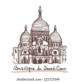Hand drawn sketch of the Basilica of the Sacred Heart / Basilique du Sacre Coeur, Paris, France. Vector illustration
