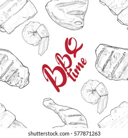 Hand drawn sketch BBQ seamless pattern. Vector illustration background