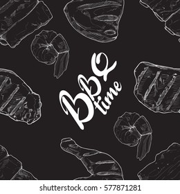 Hand drawn sketch BBQ seamless pattern. Vector illustration background