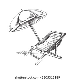 Hand drawn sketch of beach chair with beach umbrella. Vintage vector illustration isolated on white background. Doodle drawing.