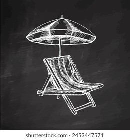 Hand drawn sketch of beach chair with beach umbrella. Vintage vector illustration isolated on chalkboard background. Doodle drawing.	