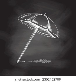 Hand drawn  sketch of beach umbrella. Vintage vector illustration isolated on chalkboard  background. Doodle drawing. 