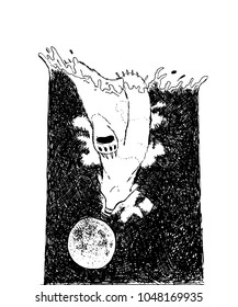 Hand drawn sketch with bear and moon under water. Underwater life. Night fairytale. Vector Ink illustration.